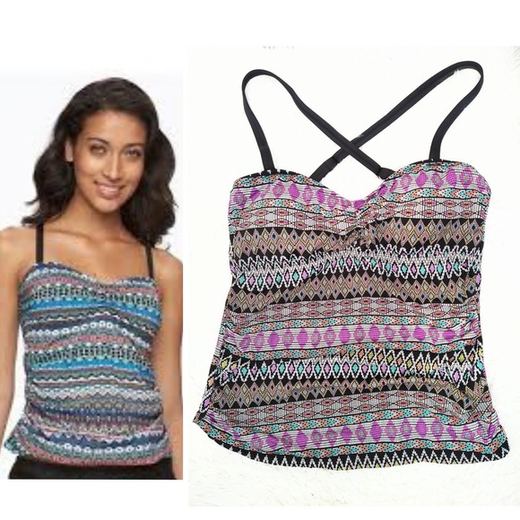Ikat Print Tankini Top w/ Built in Bra size Medium 8 10 Ruching Jewel Tones - Picture 1 of 5